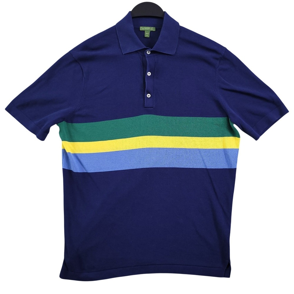 Sid Mashburn Polo Shirt Mens M Blue Stripe Sweater Knit Cotton Short Sleeve
